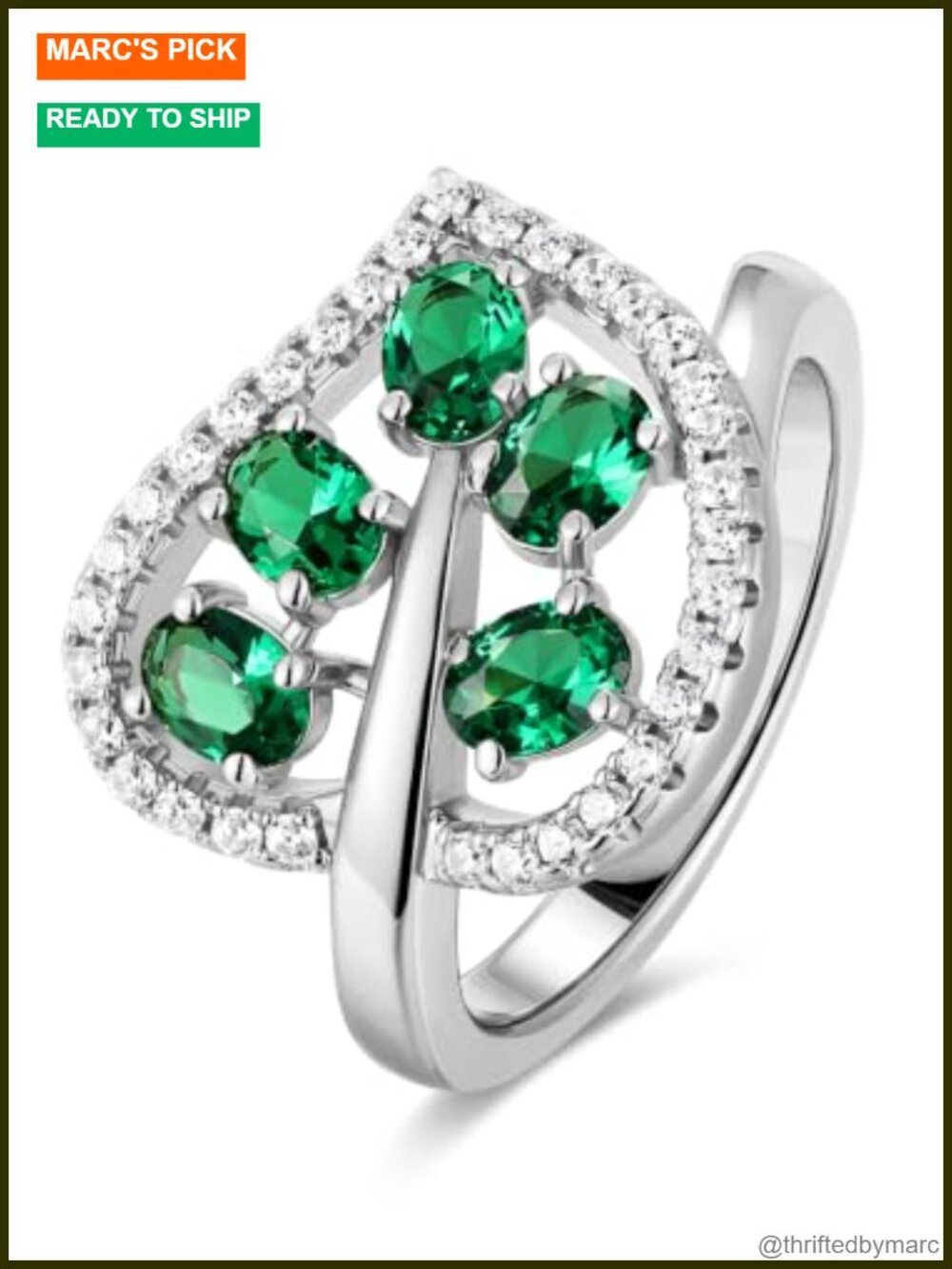 925 Sterling Silver Leaf Ring Emerald Cubic Zirconia Size 7 Stacking